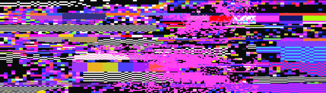 Webpunk style glitched background with VHS artifacts, random pixel noise. Vaporwave and retrowave aesthetics of 80's.