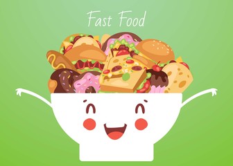 Fast food and snacks in cute funny smiling kawaii bowl vector cartoon illustration. Burger, pizza, popcorn, hot dog and donuts with cupcakes junk fast food poster in cute kawaii style.