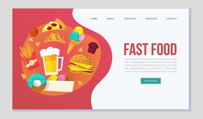 Fast food delievery vector illustration for web template. Cartoon illustration of burger sandwich, hamburger, pizza and hot dog, french fries. Fast food online order delievery for restaurant or cafe.