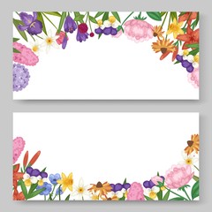 Fototapeta na wymiar Floral banners set with garden and field flowers vector ilustration. Field or garden flowers, anemone, peony and iris, wild florets in watercolor style. Summer flowers isolated on white background.