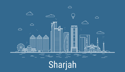 Naklejka premium Sharjah city line art Vector illustration with all famous buildings. Cityscape.