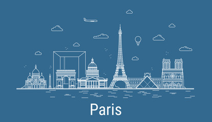Paris city. Line Art Vector illustration with all famous buildings. Linear Banner with Showplace. Composition of Modern cityscape. Paris buildings set. - obrazy, fototapety, plakaty