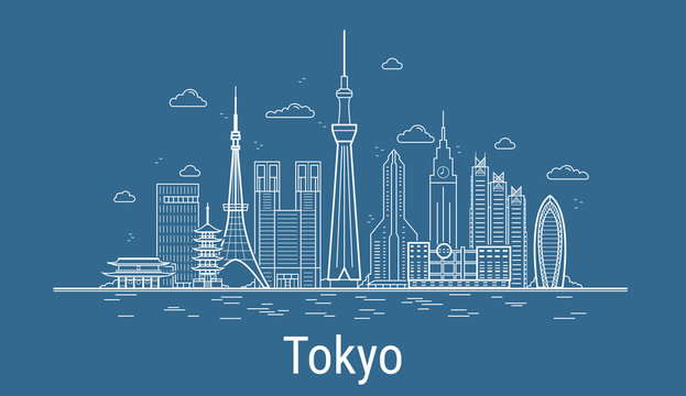 Tokyo City Line Art Vector. Illustration With All Famous Towers. Cityscape.