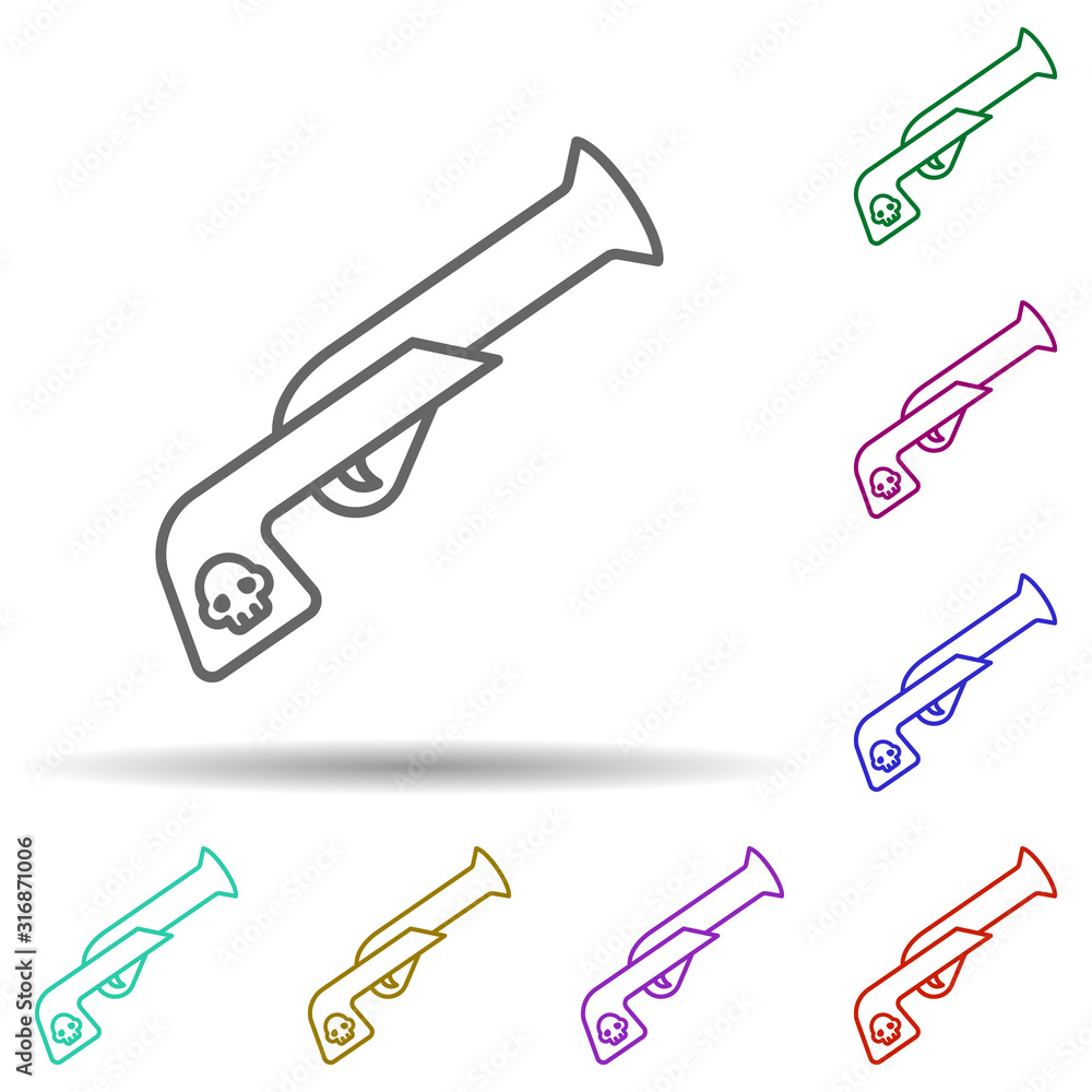 Poster flintlock pistol, pirate in multi color style icon. simple thin line, outline vector of pirate icons