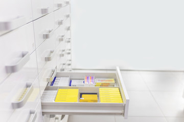 Fototapeta na wymiar tablets in drugstore shelves