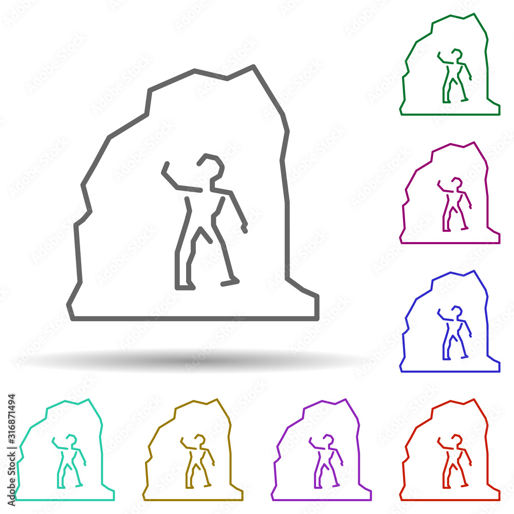 Poster prehistoric cave painting in multi color style icon. simple thin line, outline vector of prehistoric