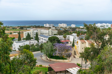 View of the city of Protaras from the top of the mountain, on which the Church of the Prophet Elijah is located.