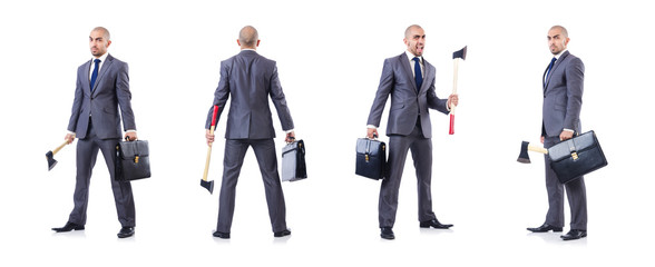 Funny businessman with axe on white