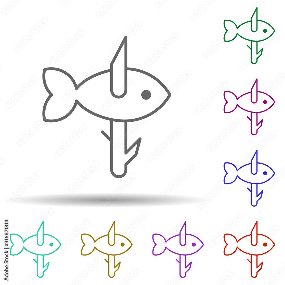 Poster prehistoric fishing in multi color style icon. simple thin line, outline vector of prehistoric icons