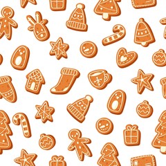 Christmas gingerbread cookies seamless vector pattern illustration. Xmas tree, candy cane, bell, sock and gingerbread men, star, deer and penguin. Winter holidays design xmas background.