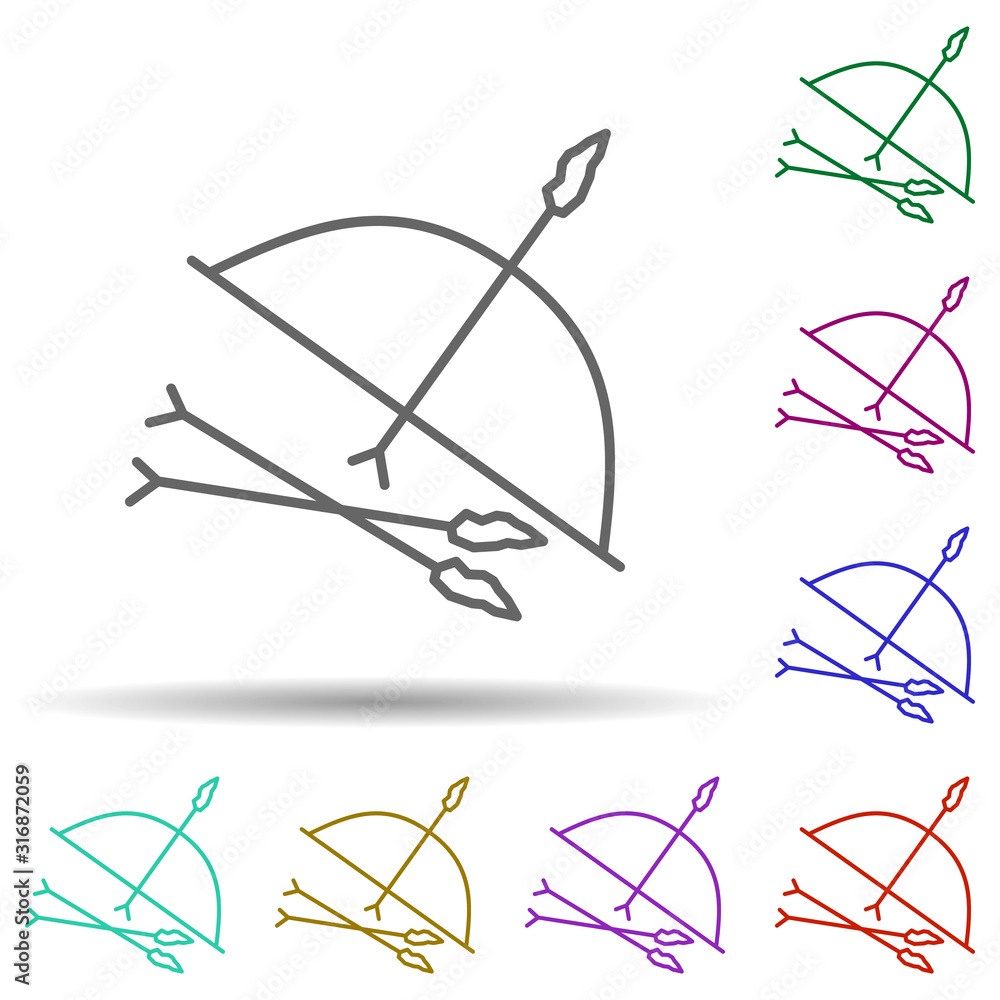 Poster prehistoric bow and arrow in multi color style icon. simple thin line, outline vector of prehistoric