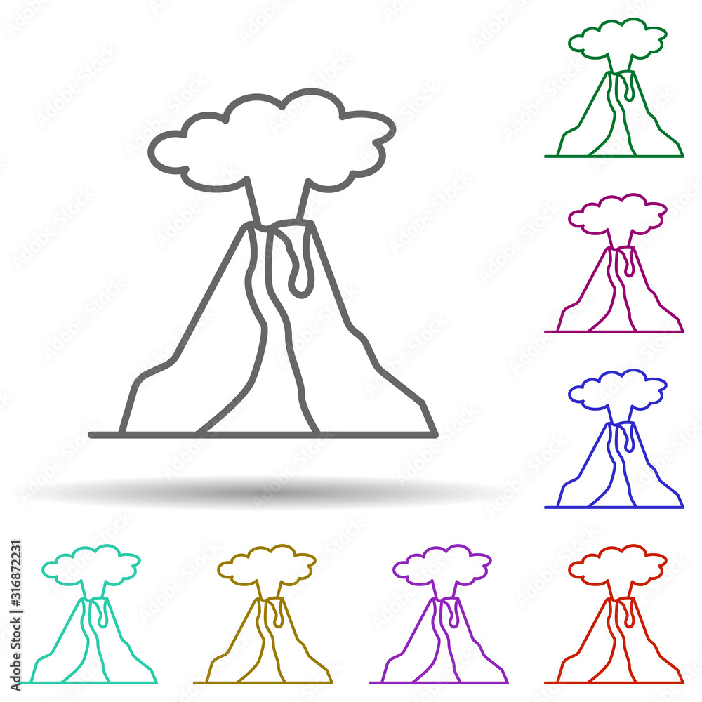 Poster prehistoric volcano in multi color style icon. simple thin line, outline vector of prehistoric icons