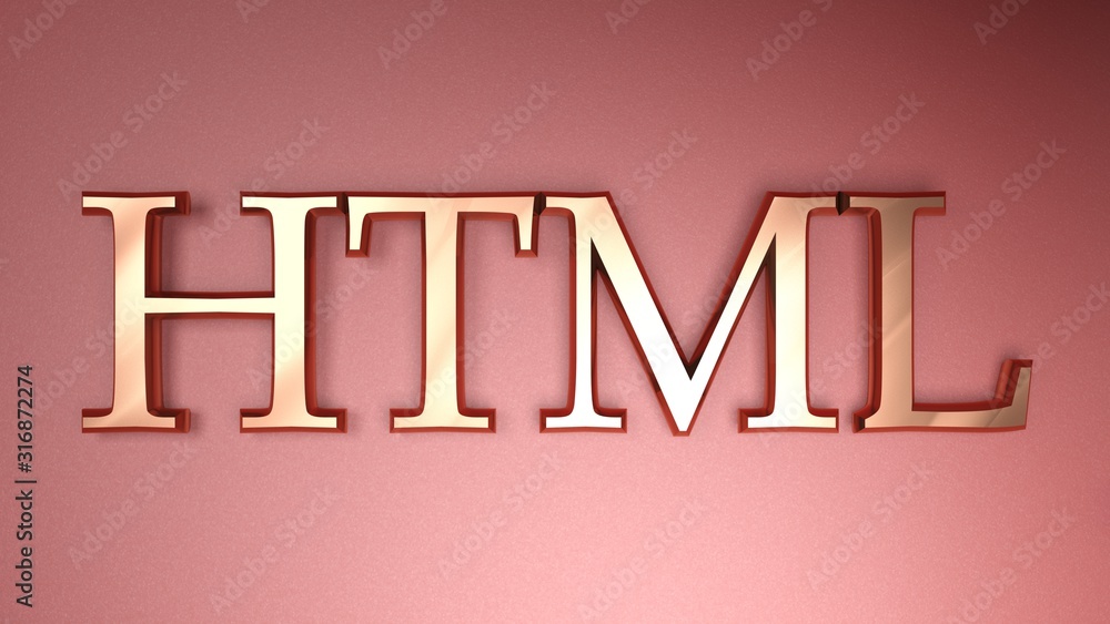 Poster html write in copper letters on red background - 3d rendering illustration