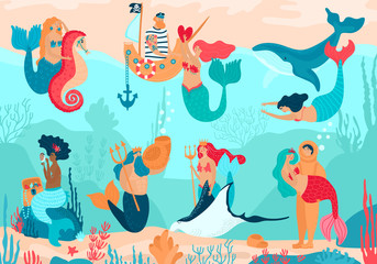 Mermaids under water, cartoon characters people vector illustration. Cute fantasy creatures in ocean, romantic scene in cartoon style, love story of mermaid and man, sailor or diver. Underwater life