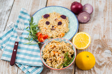 Fun food for kids. Rice with chicken and vegetables