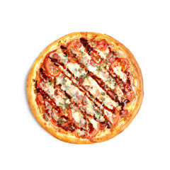 Appetizing pizza on white background. Top view.