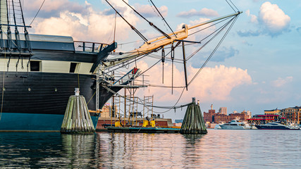 Baltimore, Maryland, US - September 4, 2019 View of Baltimore Harbor with USS Constellation Ship...