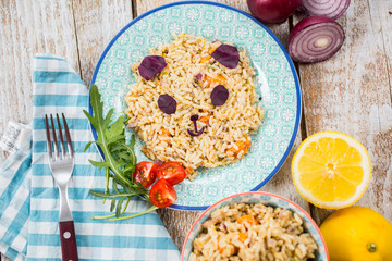 Fun food for kids. Rice with chicken and vegetables