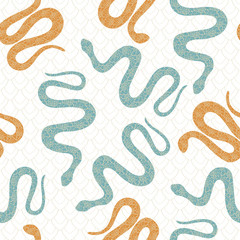 Vector Teal Green and Orange Snakes on White Background Seamless Repeat Pattern. Background for textiles, cards, manufacturing, wallpapers, print, gift wrap and scrapbooking.
