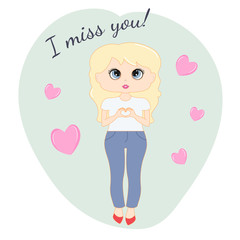 Greeting card of beautiful girl showing hands in heart form.