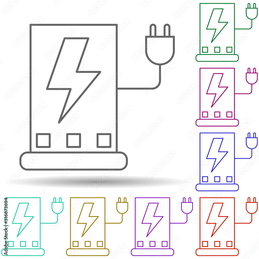 Poster robotic technology charger socket in multi color style icon. simple thin line, outline vector of rob