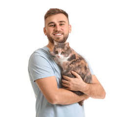 Obraz premium Man with cute cat on white background