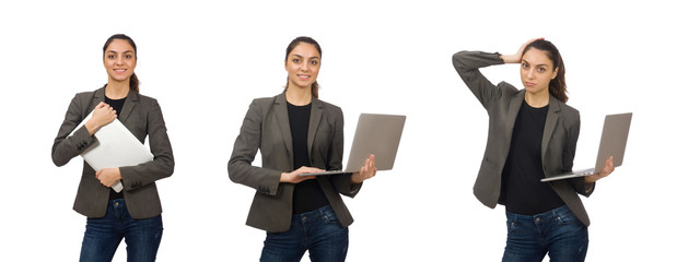 Young student with laptop on white