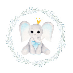 Prince baby elephant in floral frame hand drawn raster illustration © tanialerro