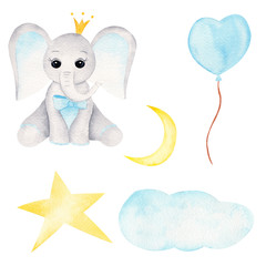 Prince baby elephant hand drawn raster illustration
