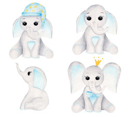 Elephant calves hand drawn raster illustrations set