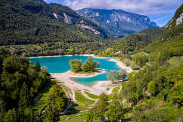 Fototapeta na wymiar Arial View of Lake Tenno in autumn,Trento,Italy, Europa. Turquoise lake in the mountains
