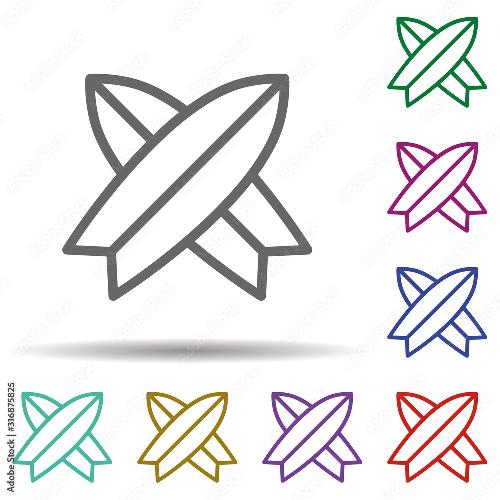 Poster surfboard in multi color style icon. simple thin line, outline vector of seaside icons for ui and ux