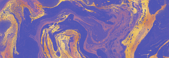 Hand painted horizontal background for creative design of posters, cards, invitations, banners, websites, wallpapers. Mixed violet and golden paints on a canvas. Modern artwork. 