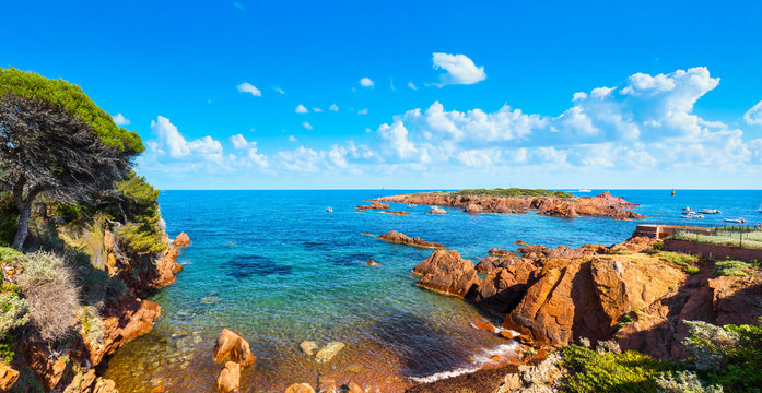 Esterel, tree, rocks, beach and sea. Cote Azur, Provence, France.