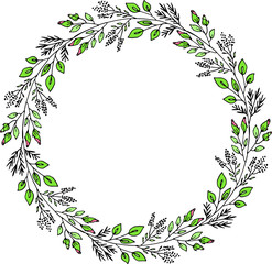 Hand drawn spring floral wreath with leaves, flowers, berries. Round frames. Creative decorative elements. Perfect for valentines day, stickers, wedding, birthday, save the date invitation.