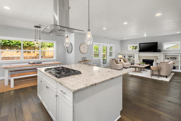 Kitchen,dining, and living room in new home. Kitchen features stainless steel appliances. Living room has area rug, tv, fireplace and built-in shelves