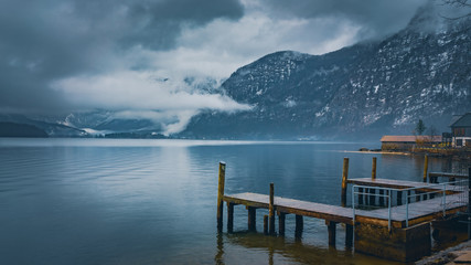 The docks overlooking the mountain peaks behind Salzkammergut Lake