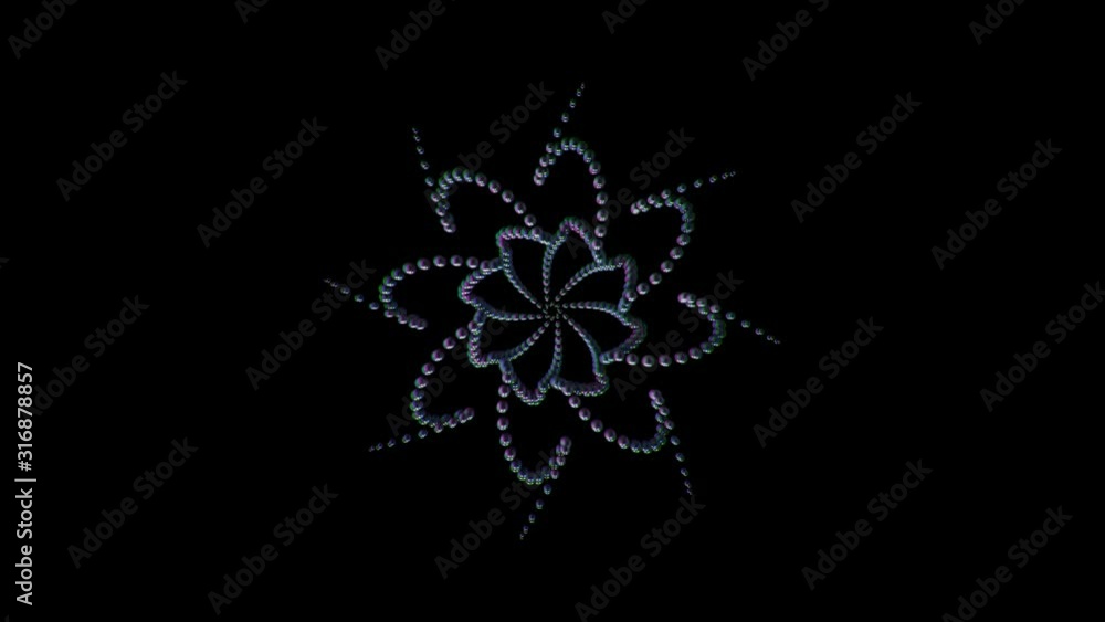 Poster hypnotic kaleidoscope background with changing figures made of small balls, seamless loop. animation