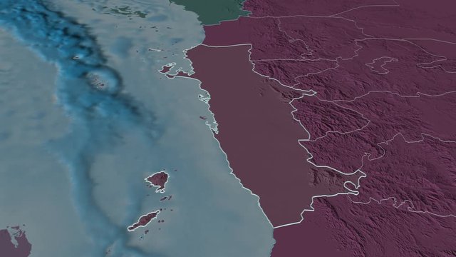 Al Hudaydah, governorate with its capital, zoomed and extruded on the administrative map of Yemen in the conformal Stereographic projection. Animation 3D