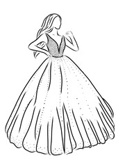 princess in a dress, wedding dress, minimalism, art line, black and white