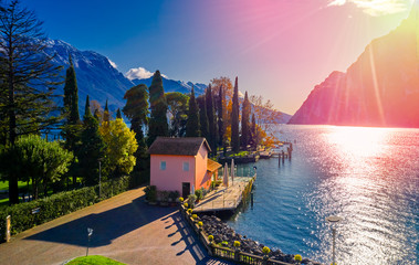 Panoramic view of the beautiful Lake Garda .Riva del Garda town and Garda lake in the autumn time ,...