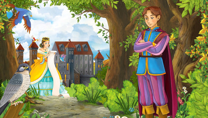 cartoon summer scene with meadow in the forest with beautiful princess girl