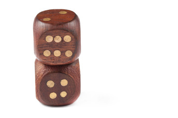 Woden dices for board games isolated on the white background. Copy space.