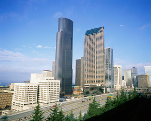 Fototapeta premium Seattle cityscape with highway, WA