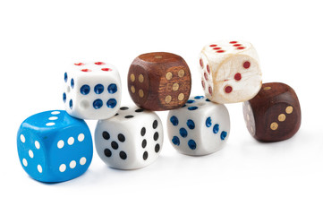 Colorful dices for board games isolated on the white background. Copy space.