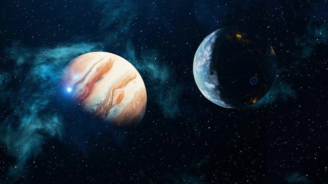 Abstract realistic planets rotating on black background, Solar System concept. Animation. Beautiful space bodies spinning in the universe.