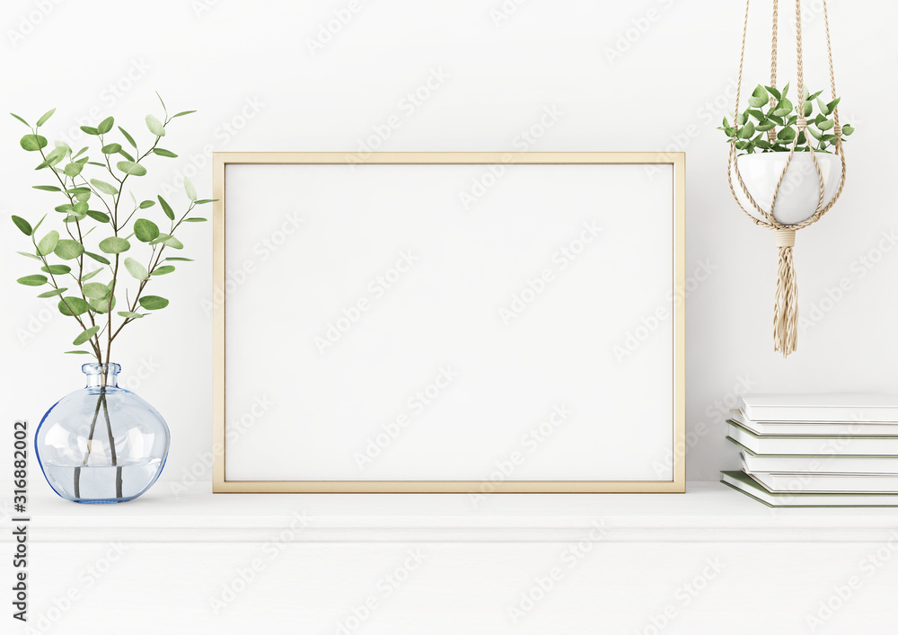 Aufkleber Interior poster mockup with horizontal gold metal frame on the table with plants in blue vase and hanging macrame pot on empty white wall background. A4, A3 size format. 3D rendering, illustration.