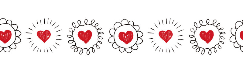Seamless Hearts border. Repeating doodle heart shapes pattern. Black doodle circles on white background. Repeating Valentines design. Sketch scribble hearts. Use for banner, trim, ribbon