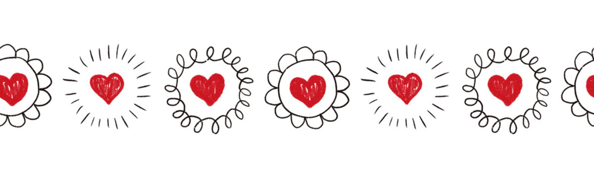 Seamless Hearts border. Repeating doodle heart shapes pattern. Black doodle circles on white background. Repeating Valentines design. Sketch scribble hearts. Use for banner, trim, ribbon