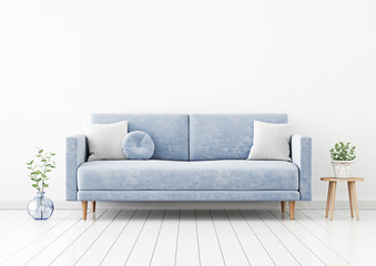 Living room interior wall mockup with blue velvet sofa, gray pillows, green plant branch in vase and coffee table with pot on empty white wall background. 3D rendering, illustration.
